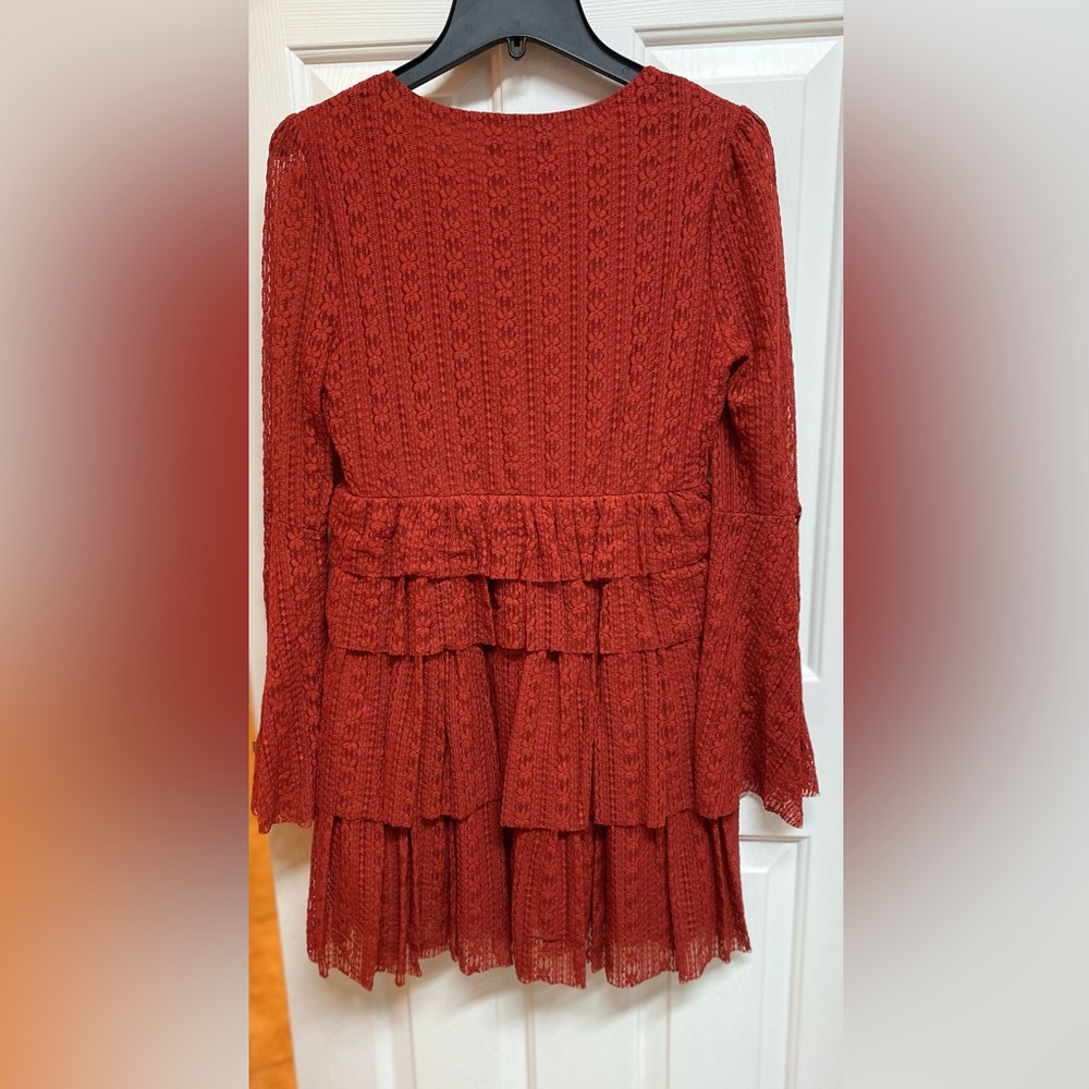Rust Red Lace Boho Dress Spring Summer Bohemian Flowy Statement Bell Sleeve - Picture 2 of 5